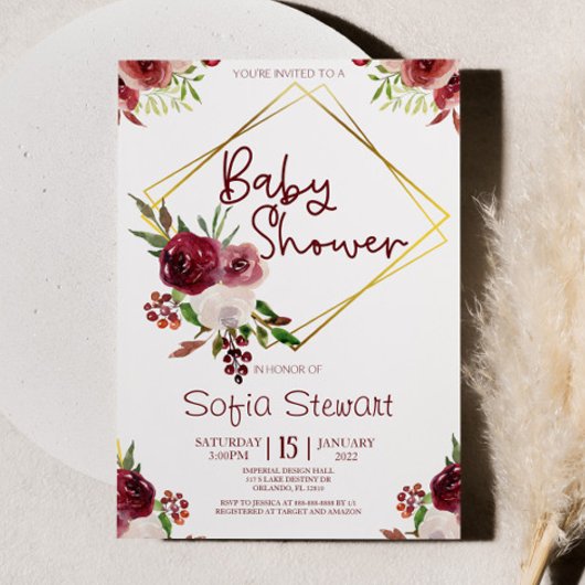 Invitation Bourgogne Gold Floral Baby shower de cadre