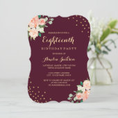 Invitation Bourgogne Gold Floral Confetti 18e fête d'annivers (Debout devant)