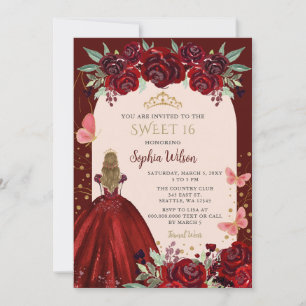 Invitation Bourgogne Gold Floral Princess Sweet 16