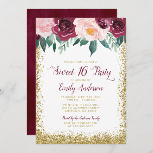Invitation Bourgogne Gold Floral Sweet 16 Party