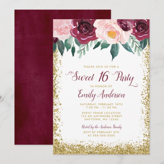 Invitation Bourgogne Gold Floral Sweet 16 Party (Devant / Derrière)