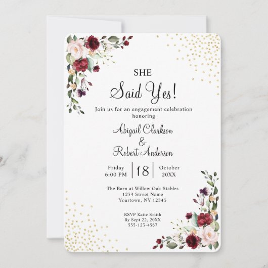 Invitation Bourgogne Gold Foil Elle A Dit Oui Engagement Part (Devant)