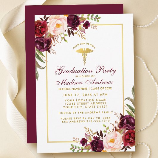 Invitation Bourgogne Gold Frame Médicale Grad Party