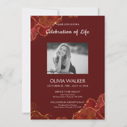 Invitation Bourgogne & Gold Funeral Célébrer la vie (Devant)