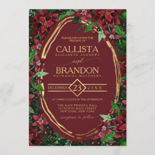 Invitation Bourgogne Gold Green Poinsettia Ivy Floral Mariage