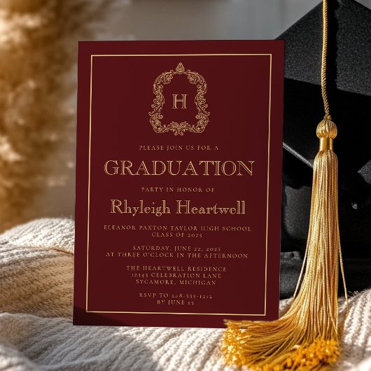 Invitation Bourgogne Gold Monogram Crest Graduation Party
