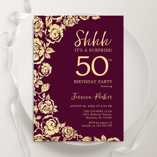Invitation Bourgogne Gold Roses surprise 50e anniversaire