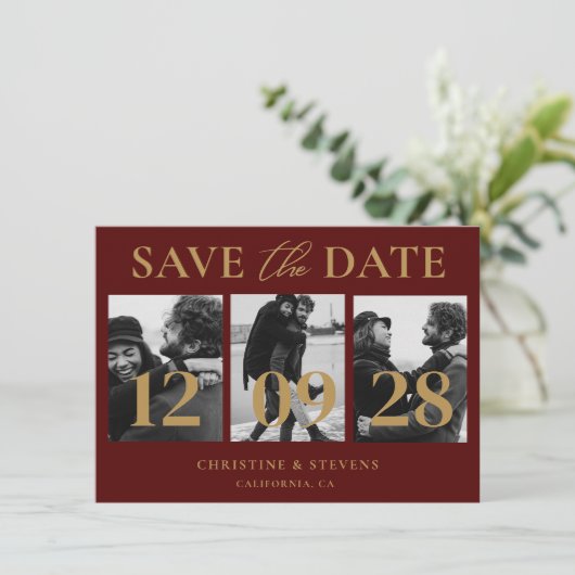 Invitation Bourgogne & Gold Script Wedding Enregistrer La Dat (Debout devant)