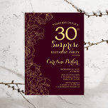 Invitation Bourgogne Gold Surprise 30e fête d'anniversaire<br><div class="desc">Bourgogne Gold Floral Surprise 30e anniversaire de fête Invitation. Design minimaliste moderne marron avec accents botaniques et police de script typographique. Carte invitation florale simple parfaite pour une célébration anniversaire surprise femme élégante. Peut être customisé à n'importe quel âge.</div>