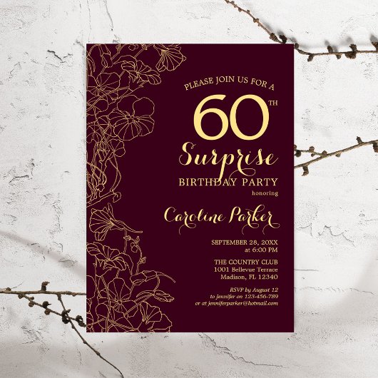 Invitation Bourgogne Gold Surprise 60e fête d'anniversaire