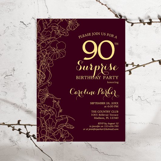 Invitation Bourgogne Gold Surprise 90e fête d'anniversaire