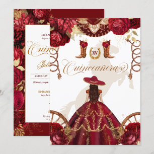 Invitation Bourgogne Gold Western Charro Quinceañera 2 faces