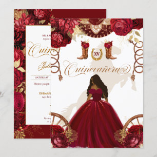 Invitation Bourgogne Gold Western Charro Quinceanera à 2 face