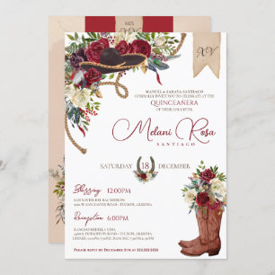 Invitation Bourgogne Hiver Floral Ouest Charro Quinceanera