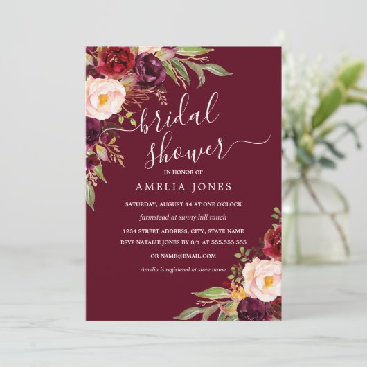 Invitation Bourgogne Ivory Floral Mariage (Debout devant)
