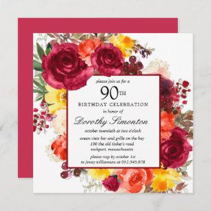 Invitation Bourgogne jaune orange floral 90e anniversaire Inv