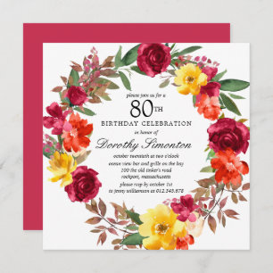 Invitation Bourgogne Jaune Orange Florale 80e anniversaire