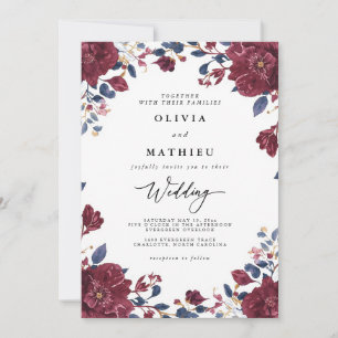 Invitation Bourgogne luxuriante et Mariage botanique floral d