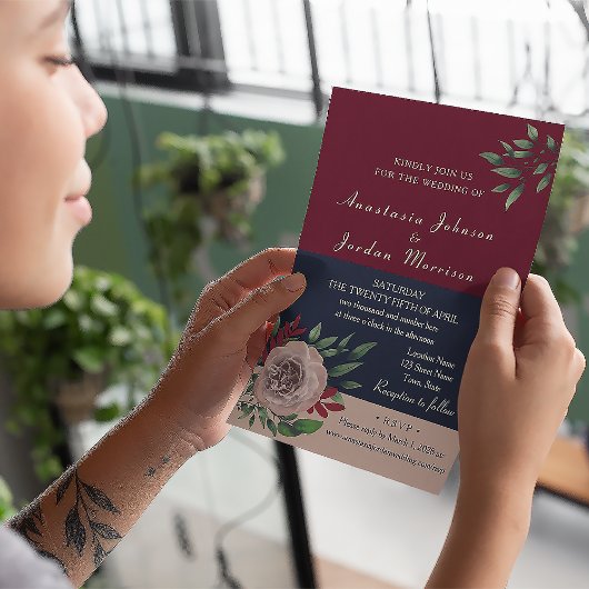 Invitation Bourgogne Mariage Floral tout en un