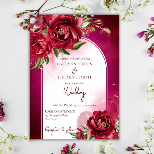Invitation Bourgogne mariage marron fleurs arche moderne
