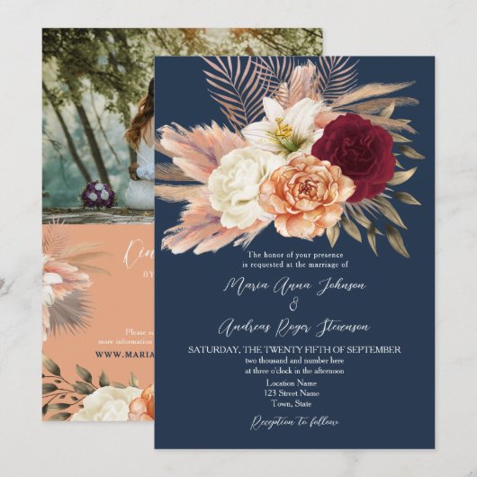 Invitation Bourgogne Marine Code QR Mariage (Devant / Derrière)