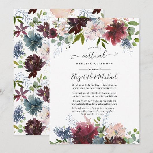 Invitation Bourgogne, Marine et Blush Floral Mariage virtuel (Devant / Derrière)