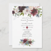 Invitation Bourgogne, marine et Mariage floral rose pâle (Devant)