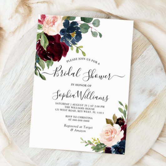 Invitation Bourgogne & Marine Floral Bridal Showboat Invitati