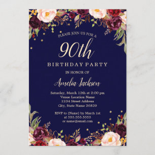 Invitation Bourgogne Marine Floral Élégant Soixante-dixième A