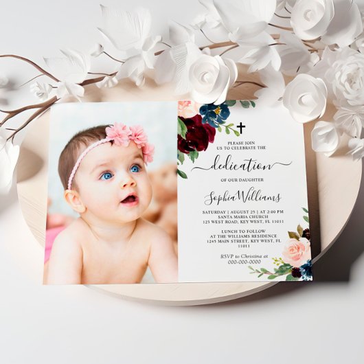 Invitation Bourgogne & Marine Floral Photo Dedication Invitat