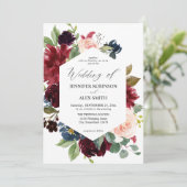 Invitation Bourgogne & Marine, Mariage floral rose pâle (Debout devant)