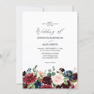 Invitation Bourgogne & Marine, Mariage floral rose pâle 2