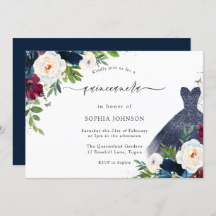 Invitation Bourgogne & Marine Robe Florale Quinceanera Party