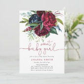 Invitation Bourgogne Maroon Vert Floral Fille Baby shower (Debout devant)