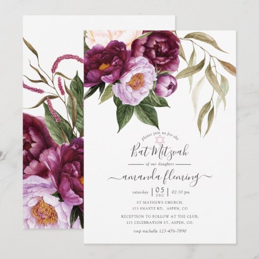 Invitation Bourgogne - Marsala et Bat mitzvah floral Peach (Devant / Derrière)