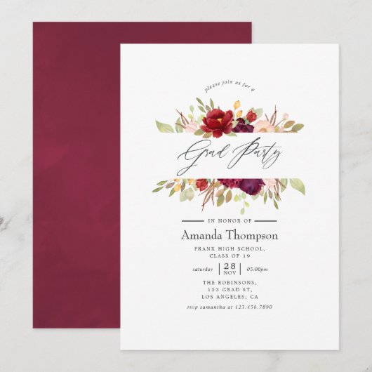 Invitation Bourgogne - Marsala et Blush Floral Graduation (Devant / Derrière)
