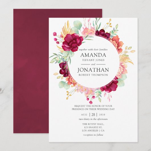 Invitation Bourgogne - Marsala et Blush Floral Mariage (Devant / Derrière)
