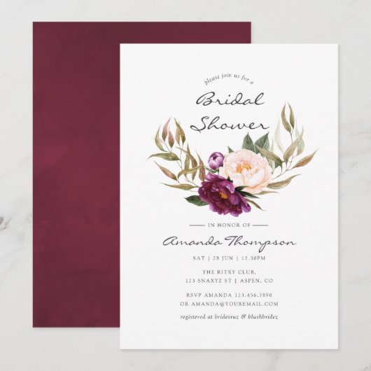 Invitation Bourgogne - Marsala et Fête des mariées florale de (Devant / Derrière)