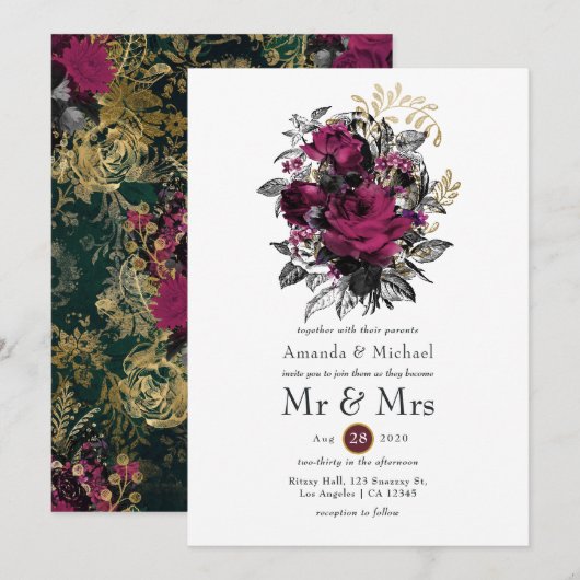 Invitation Bourgogne - Marsala et Gold Floral Mariage (Devant / Derrière)