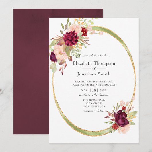 Invitation Bourgogne - Marsala et Mariage géométrique Blush (Devant / Derrière)