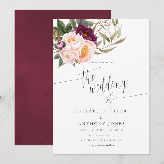 Invitation Bourgogne - Marsala et Peach Floral Wedding Invita (Devant / Derrière)