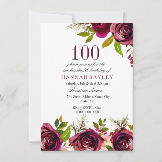 Invitation Bourgogne Marsala Floral 100e anniversaire Invitat (Devant)