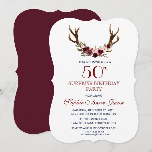 Invitation Bourgogne Marsala Floral Antlers 50e anniversaire (Devant / Derrière)