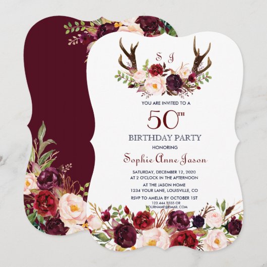 Invitation Bourgogne Marsala Floral Antlers 50e anniversaire (Devant / Derrière)