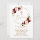 Invitation Bourgogne Marsala Floral Baptism Gold Frame (Devant)