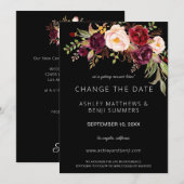 Invitation Bourgogne Marsala Floral Changement de Date - Noir (Devant / Derrière)