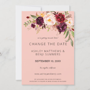 Invitation Bourgogne Marsala Floral Changement de date - Rose
