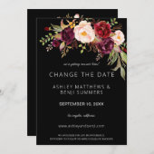 Invitation Bourgogne Marsala Floral Changer de date - Noir (Devant / Derrière)