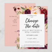 Invitation Bourgogne Marsala Floral Changer la date rose 2 V3 (Devant / Derrière)
