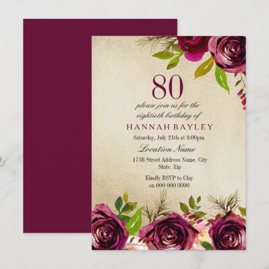 Invitation Bourgogne Marsala Floral Gold 80e anniversaire Inv (Devant / Derrière)